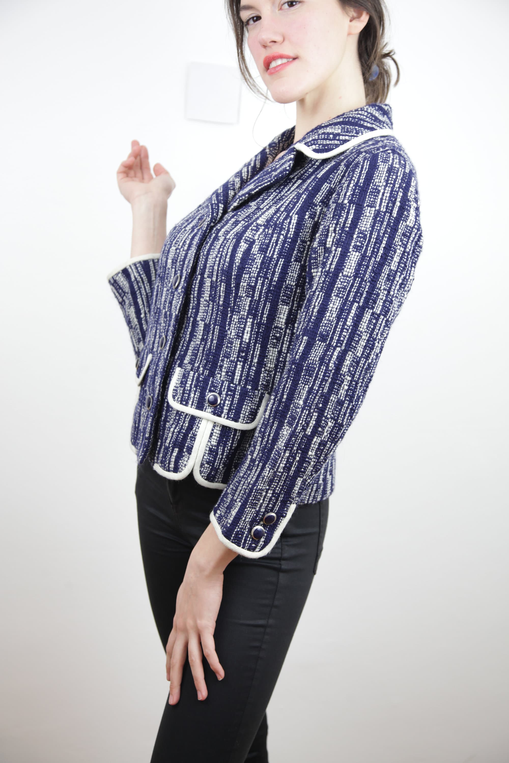 Original Made in Italy 70s Tweed Jacket Navy Blue White 