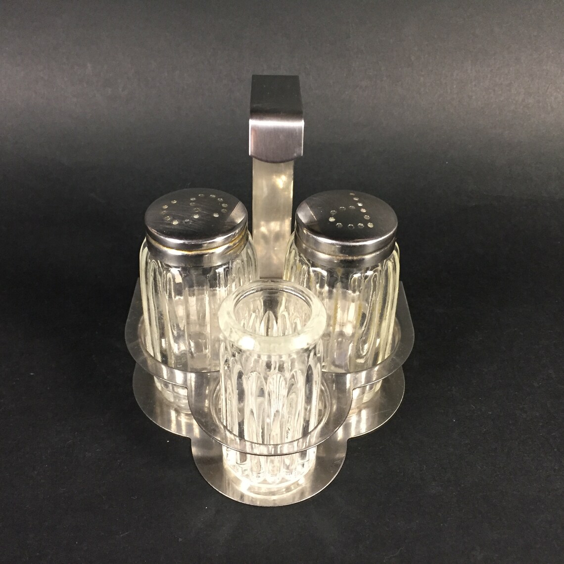 80s Salt Pepper Toothpick Holder Stainless Steel, Glass Made in