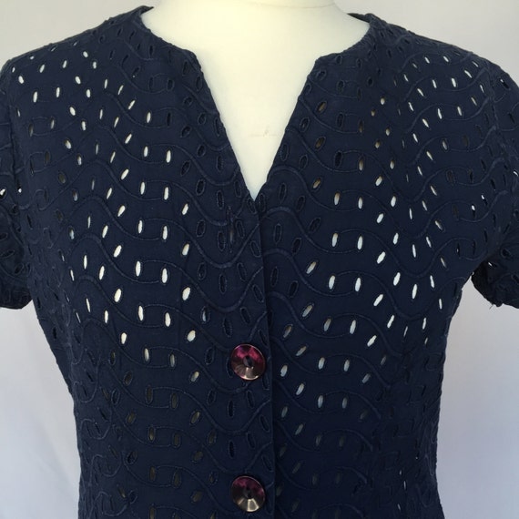 90s lace slim fit wave mod navy blue blouse Fitte… - image 3
