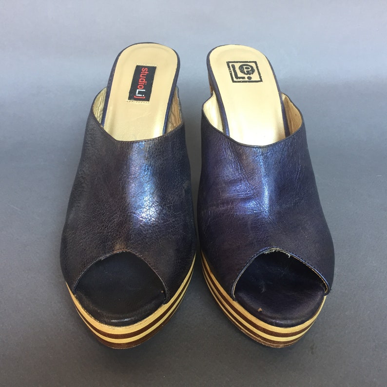 UK 3/'5 Violet wooden striped Platform leather Mules curved stiletto high heel 11 cm clog sandals elegant wedding prom shoes EU 36 US 5/'5