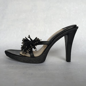 EU 36, US 5&#39;5, UK 3&#39;5 Black Strappy Criss Cross Platform Black Denim leather Mules, high heel 10 cm clog sandals Leather flower elegant