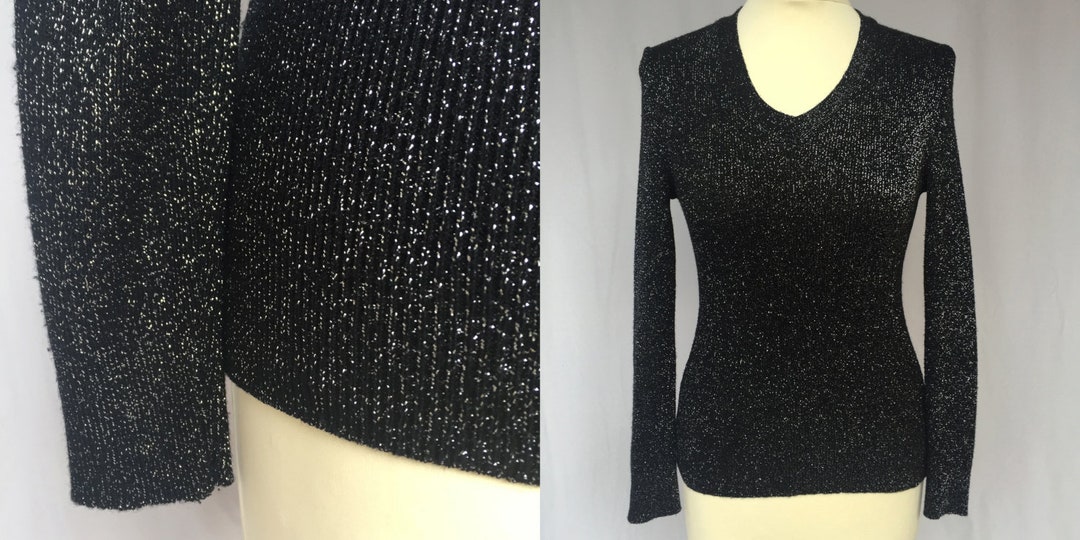 80's Sparkly Glitter Tight Black and Silver Sweater - Etsy