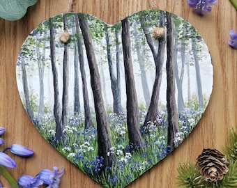 Handpainted bluebell slate heart. Cottagecore gift. Home gift decor. Gift. Flower art. Woodland. Nature gift. New home. Forest painting