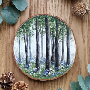 Hand painted Woodslice . Wood Wall plaque. Forest art. Bluebells. Woodland wall art. Original artwork. Nature lover. Log slice. Tree lover