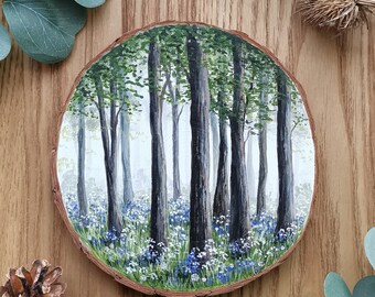 Hand painted Woodslice . Wood Wall plaque. Forest art. Bluebells. Woodland wall art. Original artwork. Nature lover. Log slice. Tree lover