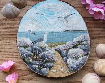 Hand painted wood slice sea view. Sea painting. Ocean painting. Beach art. Home decor. Original artwork. Seagull. Nautical. Gift. Seaside