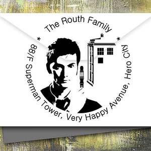 DW and Tardis Police Box personalized rubber stamp for return address wedding invitation shop logo