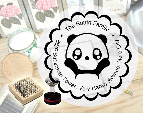Cute Panda CUSTOM Rubber Stamp / Wood-Mounted or Self-Inking / return address / wedding invitation / Ex Libris