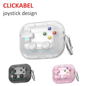 May include: Clear protective case with a joystick design for earbuds. The case features a white joystick layout with colored buttons and a silver carabiner clip. The text "CLICKABEL joystick design" is visible at the top.