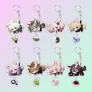 May include: A collection of eight anime-style keychains featuring characters with animal ears. Each keychain has a silver-colored ring and a charm with a unique accessory, such as a gun, coffee cup, or crystal.