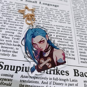 Può includere: Portachiavi in acrilico trasparente con chiusura a forma di stella color oro, raffigurante un personaggio con i capelli blu e un'espressione severa. Il personaggio indossa un top nero. Il portachiavi è attaccato a un anello.