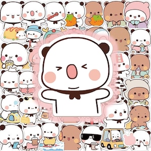 May include: A collection of colorful stickers featuring cute cartoon panda and bear characters in various poses. The stickers have a white background and are in a variety of outfits and holding different objects.