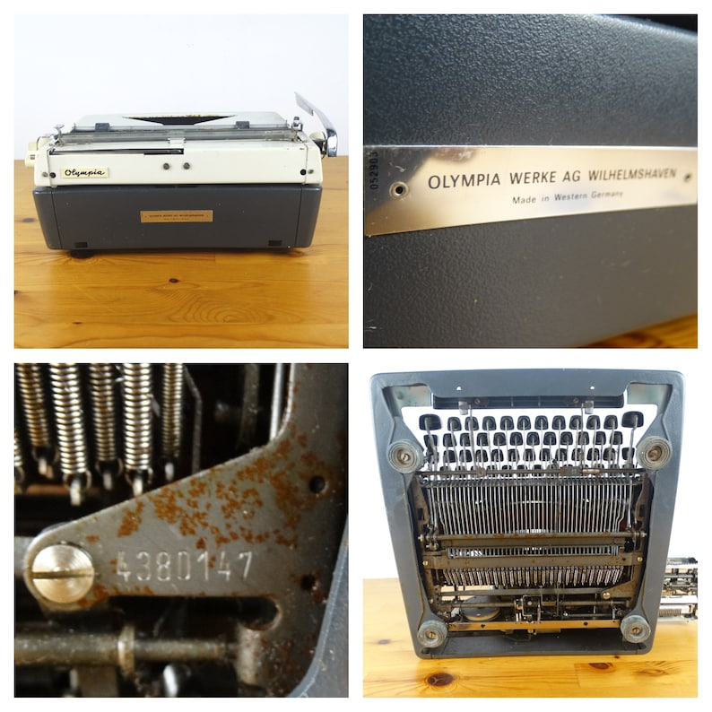 Puede incluir: Una m&aacute;quina de escribir vintage Olympia Werke AG de color gris y blanco con un n&uacute;mero de serie 4380147. La m&aacute;quina de escribir tiene una placa de metal que dice "OLYMPIA WERKE AG WILHELMSHAVEN Made in Western Germany".