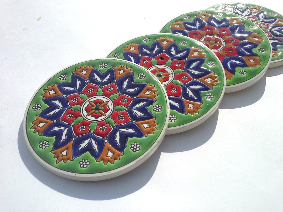 Green Ceramic Coaster, Drink Tile Coaster, Ceramic Coaster, Floral