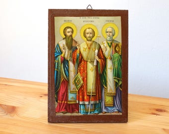 Three Holy Hierarchs, Basil the Great, Gregory the Theologian, John Chrysostom, Greek Religious Icon Print, Catholic Wall, Icon Catholic