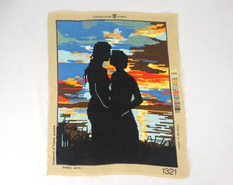 Vintage Needlepoint Canvas, Completed Embroidered Canvas, French Canvas, Cross Stitch Tapestry, Needle Point Wall Decor, Needlework Canvas