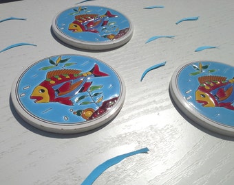 Retro Ceramic Coaster, Fish Coaster, Greek Ceramic, Mediterranean Decor, Blue Ceramic, Sea Coaster
