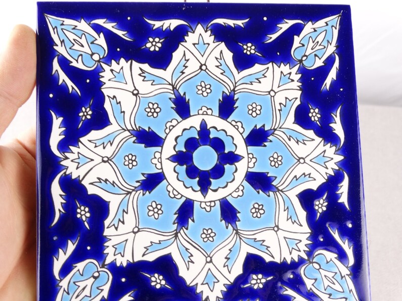 Mediterranen Fliese, Trivet Keramikfliese, Mandala-Fliese, keramischen Wandbehang, böhmische Fliese, blaue keramische Fliese, griechische Fliese, Küchenfliese, Bild 3