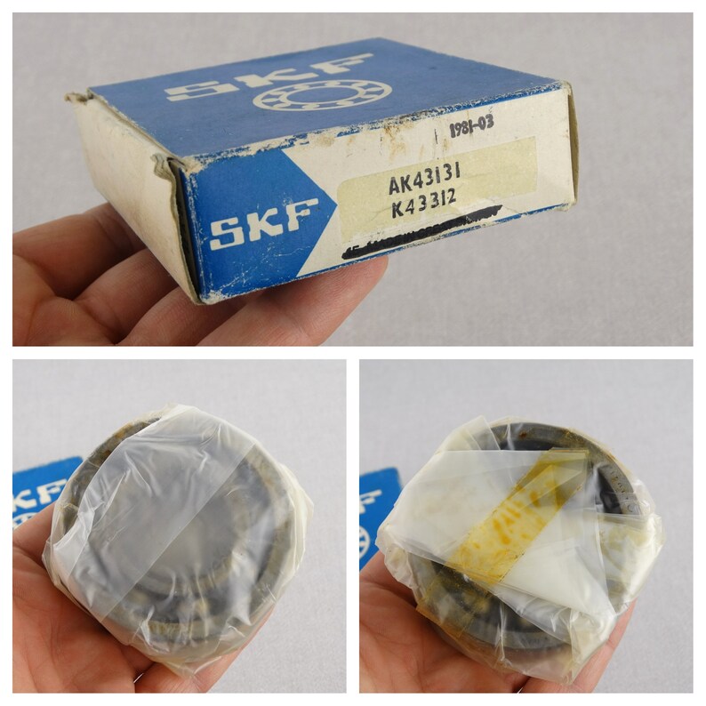 May include: A blue and white box with the SKF logo and the text "AK43131 K43312 1981-03". The box contains a new SKF ball bearing wrapped in plastic.