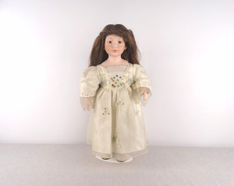 Vintage Porcelain Doll, Bride Doll, Doll on Stand, 17" Doll, Dressed Doll, Haunted Doll, Victorian Doll, Art Doll, Retro Doll, Cursed Doll