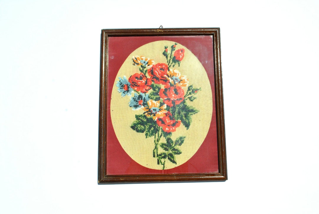 Embroidered Canvas Wall Hanging, Framed Cross Stitch Wall Decor