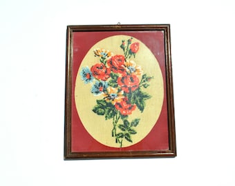 Embroidered Canvas Wall Hanging, Framed Cross stitch Wall Decor, Needlepoint Canvas Tapestry, Vintage Greek Embroidery, Embroidered Wall Art
