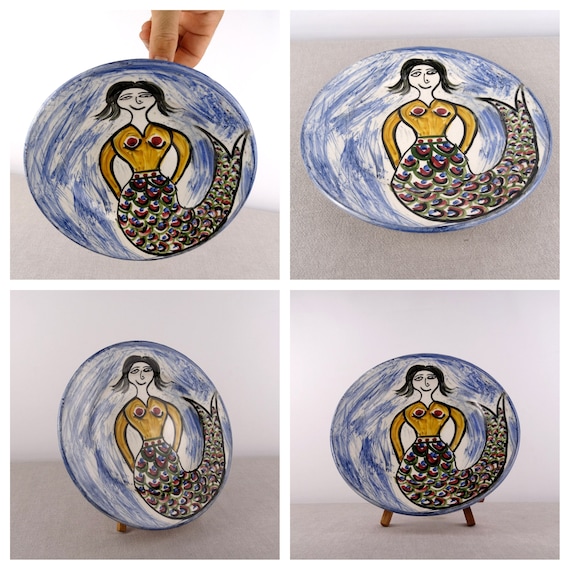 Mermaid Decor, Greek Ceramic Plate, Vintage Hanging Plate
