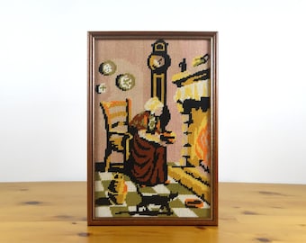 Vintage Wall Hanging Embroidery, Fireplace Embroidery Decor, Completed French Canvas, Cross Stitch Wall Art, Needlepoint Canvas Wall Decor