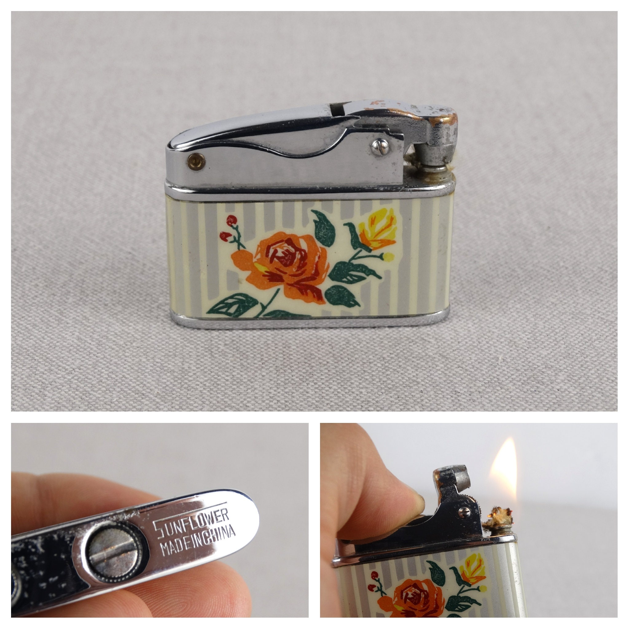 sunflower cigarette lighter petrol china 1960s it doesnt scratch easily VINTAGE 70s CHINA SUNFLOWER CIGARETTE