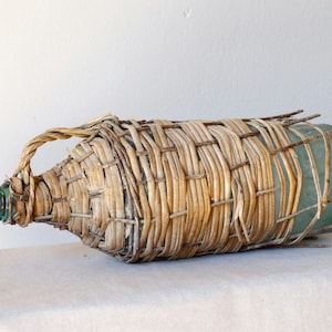 Antique Blown Glass Demijohn, Wicker Demijohn, Demijohn Basket, Carboy Bottle, Demijohn Vase,  Farmhouse Dame Jeanne, Antique Dame Jeanne