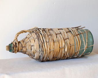 Antyczne dmuchanego szkła butla, wiklinowe gąsiorek, kosz gąsiorek, balon butelka, gąsiorek wazon, Jeanne Farmhouse Dame, antyczne Dame Jeanne