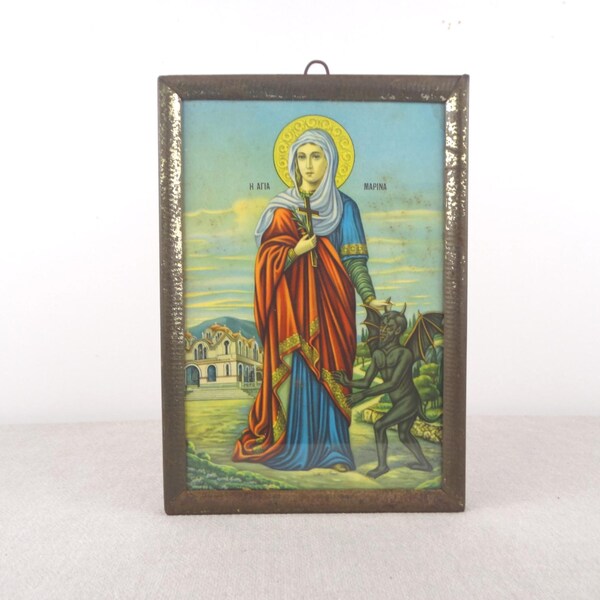 Vintage St Margaret Icon, Old Religious Icon, Orthodox Icon Print, Catholic Art, Greek Icon, Catholic Icon, Baptism Gift, Catholic Decor