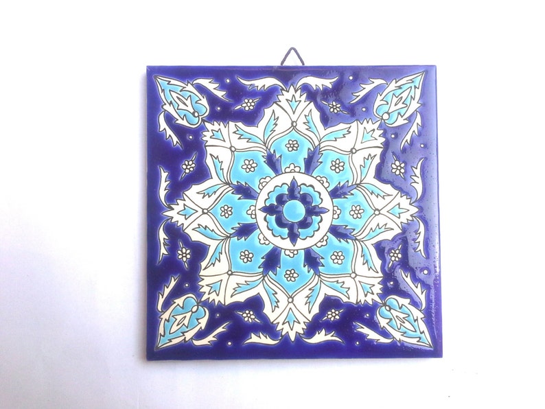 Mediterranen Fliese, Trivet Keramikfliese, Mandala-Fliese, keramischen Wandbehang, böhmische Fliese, blaue keramische Fliese, griechische Fliese, Küchenfliese, Bild 9