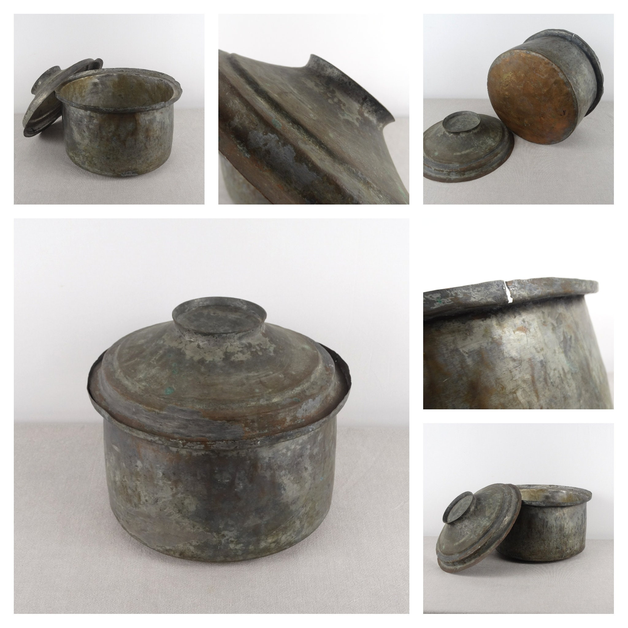 アンティーク 錫メッキ銅鍋 蓋付き、錫メッキ銅鍋、ヴィンテージ鍋