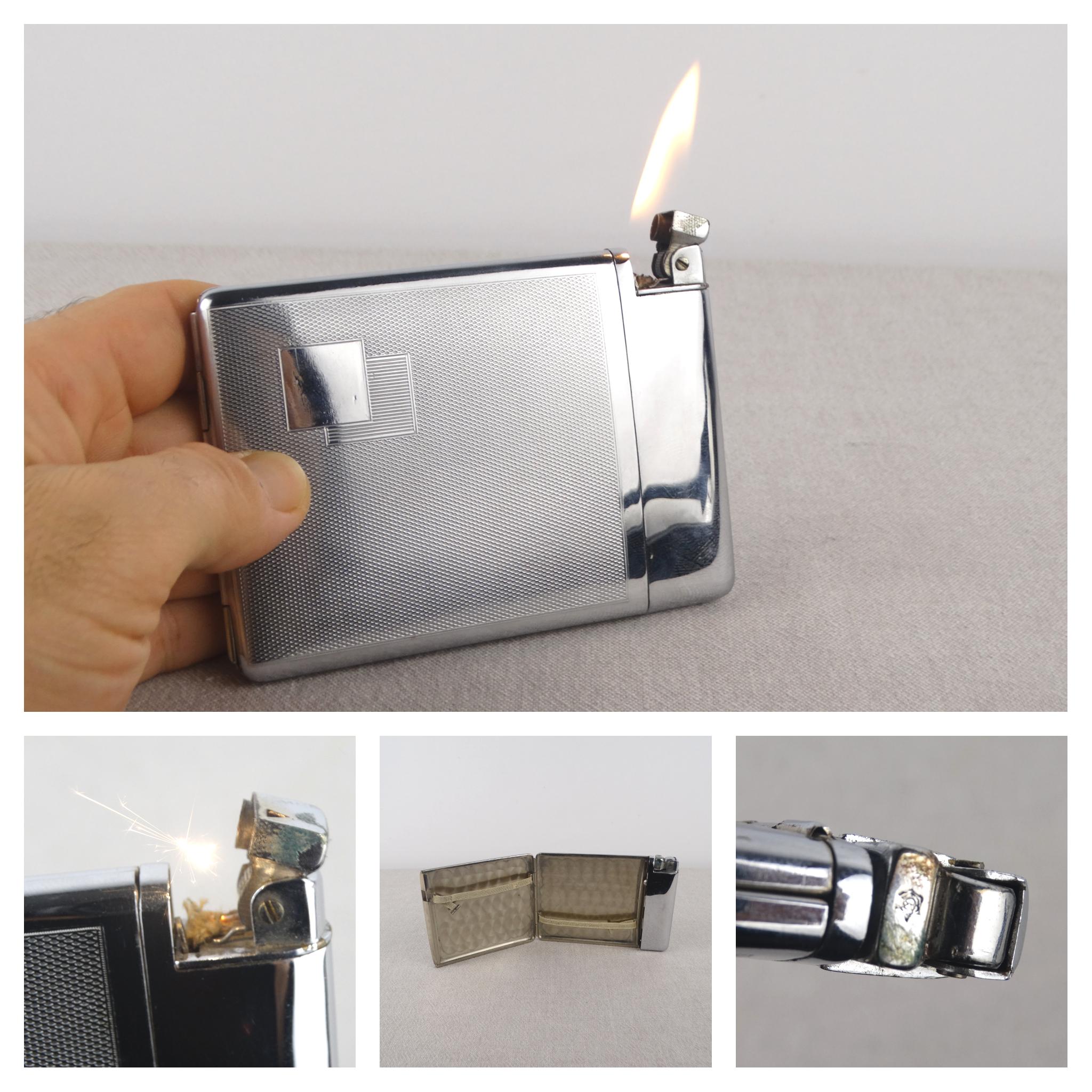 metal cigarette box with lighter Polo Case Petrol Silver Plated 1960s and travel Vintage Compact Cigarette Case With