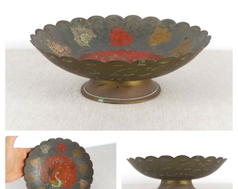 Stara mosiężna emaliowana miska, mosiężna misa na cokole, mosiężna misa Cloisonne, mosiężna misa na nóżce, mosiężna misa na cukierki, mosiężna taca na drobiazgi, mosiężne naczynie