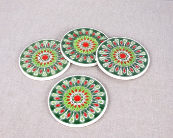 Drink Tile Coaster, Ceramic Coaster Set, Green Ceramic Coaster, Mandala Coaster, Mediterranean Ceramic, Greek Ceramic Art, Mandala Decor
