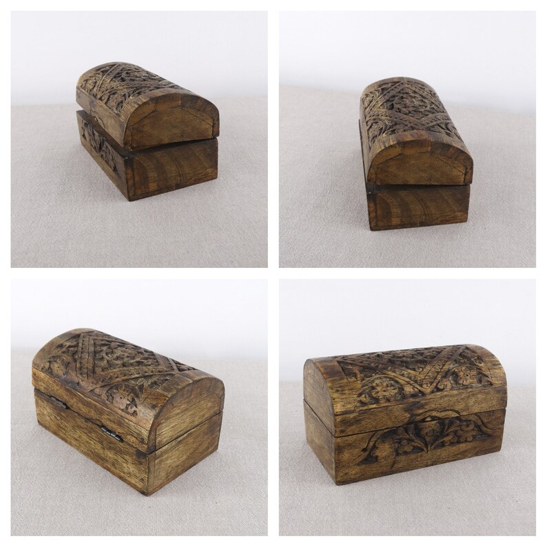 Small Chest Trinket Box Curio Box Small Wooden Box Carved Wooden Box Tobacco Box Jewelry Box Vanity Box Keepshake Box Hinged Box