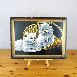 Kitten Wall Decor, Embroidery Canvas Wall Tapestry, Cross stitch Wall Art, Needlepoint Canvas Wall Hanging, Vintage Embroidery Cat, Kitten