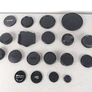 Vintage Camera Caps Lot, Lens Caps Lot, Schneider Camera Cap, Bolex Lens Cover, Ricoh Rear Lens Cap, Rollei Lens Protective Cap, Agfa Cap
