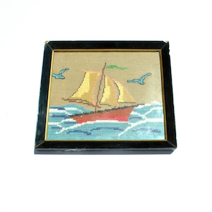 Boat Embroidery Canvas Wall Hanging, Ship Cross stitch Wall Decor, Nautical Decor, Needlepoint Canvas Tapestry, Vintage Greek Embroidery