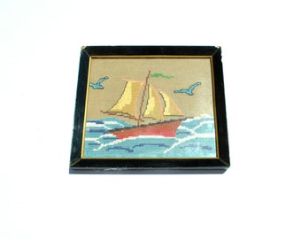 Vintage Ship Cross Stitch, Framed Boat Embroidery, Needlepoint Wall Art, Nautical Wall Hanging, Greek Embroidered Canvas, Coastal Embroidery