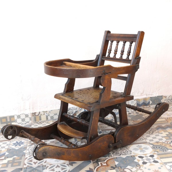 Antyczne krzesło bujane, wysokie krzesełko, wiktoriańskie drewniane krzesło metamorficzne, antyczne bujak, krzesełko dla dziecka, stare krzesło, stary bujak dla niemowląt, bujak