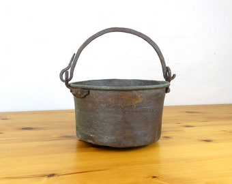 Antique Copper Bucket, Farmhouse Copper Pot, Hearth Pot, Old Copper Casserole, Copper Kettle, Vintage Copper Cauldron, Verdigris Copper, Pot