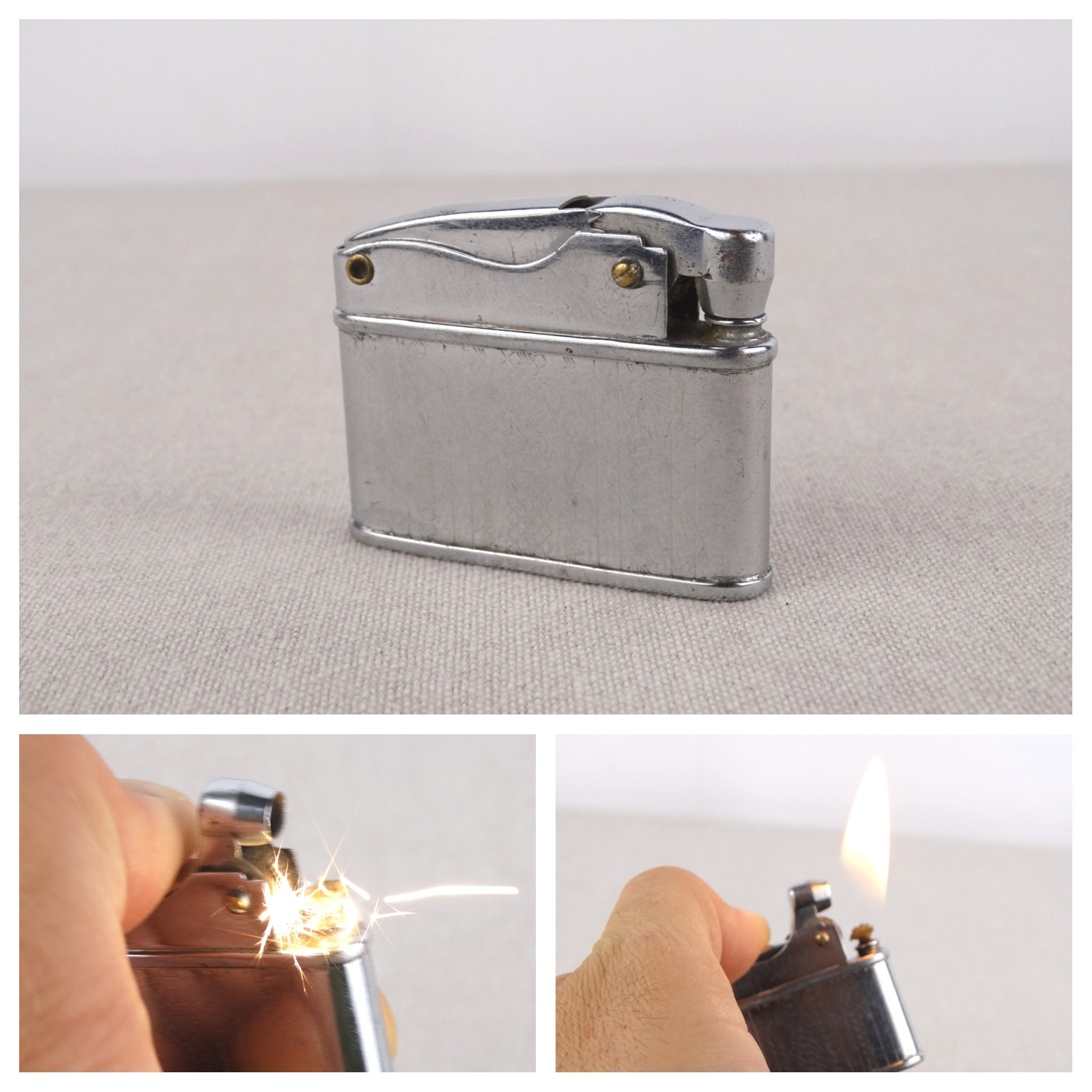 ACCENDINO VINTAGE ZENITH 5050 ARGENTATO BUTANE GAS TABLE LIGHTER '80  Funzionante