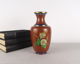 Vintage Brass Cloisonne Vase, Enameled Brass Vase, Brass Vase, Brass Urn, Brass Flower Stand, Cloisonne Decor, Flower Vase, Flower Pot, Vase