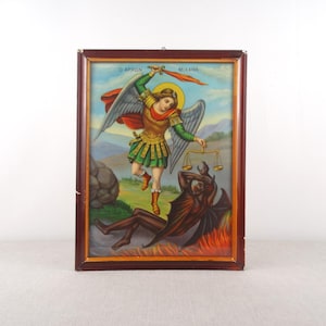 Vintage Religious Icon, St Michael Icon Print, Archangel Icon, Greek Orthodox Icon, Christian Icon, Catholic Icon, Religious Decor, Icon Art