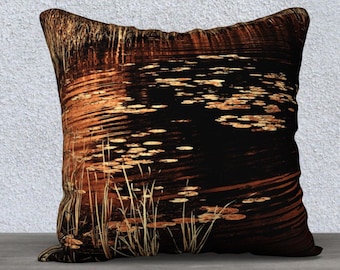 Pillow Cover • Rushes & Lily Pads Design • Evocative Image of Marshy Setting • Moody Atmosphere • 18x18 or 22x22 • Polyester Velveteen