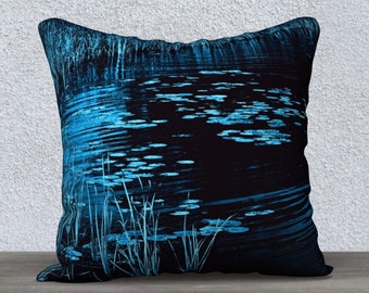 Pillow Cover • Rushes & Lily Pads Design -Blue • Evocative Image of Marshy Setting • Moody Atmosphere • 18x18 or 22x22 • Polyester Velveteen