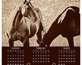 Horses in Meadow (sepia) • 2026 Year at a Glance Wall Calendar • Yearly Calendar • Size: 14.25x23.25 • Semi-gloss Poster Paper